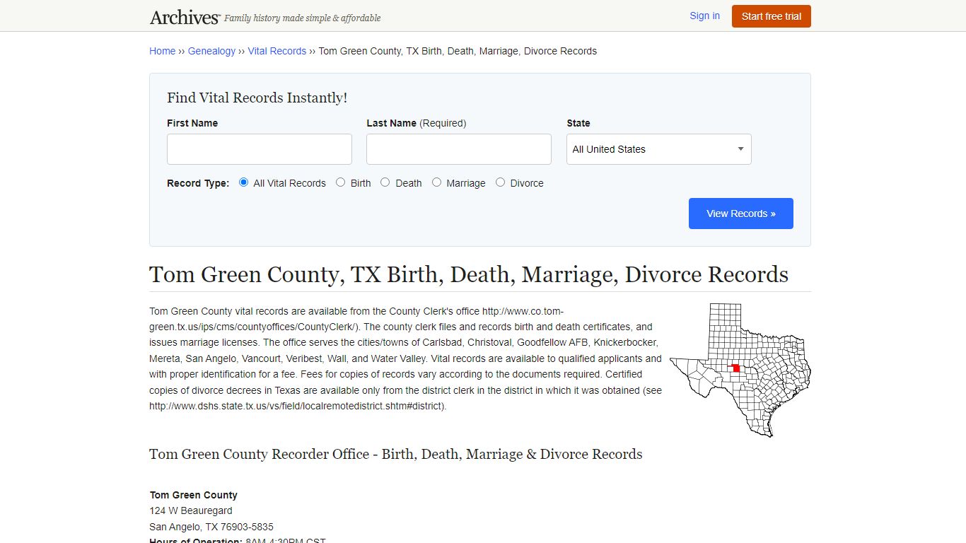 Tom Green County, TX Birth, Death, Marriage, Divorce Records - Archives.com
